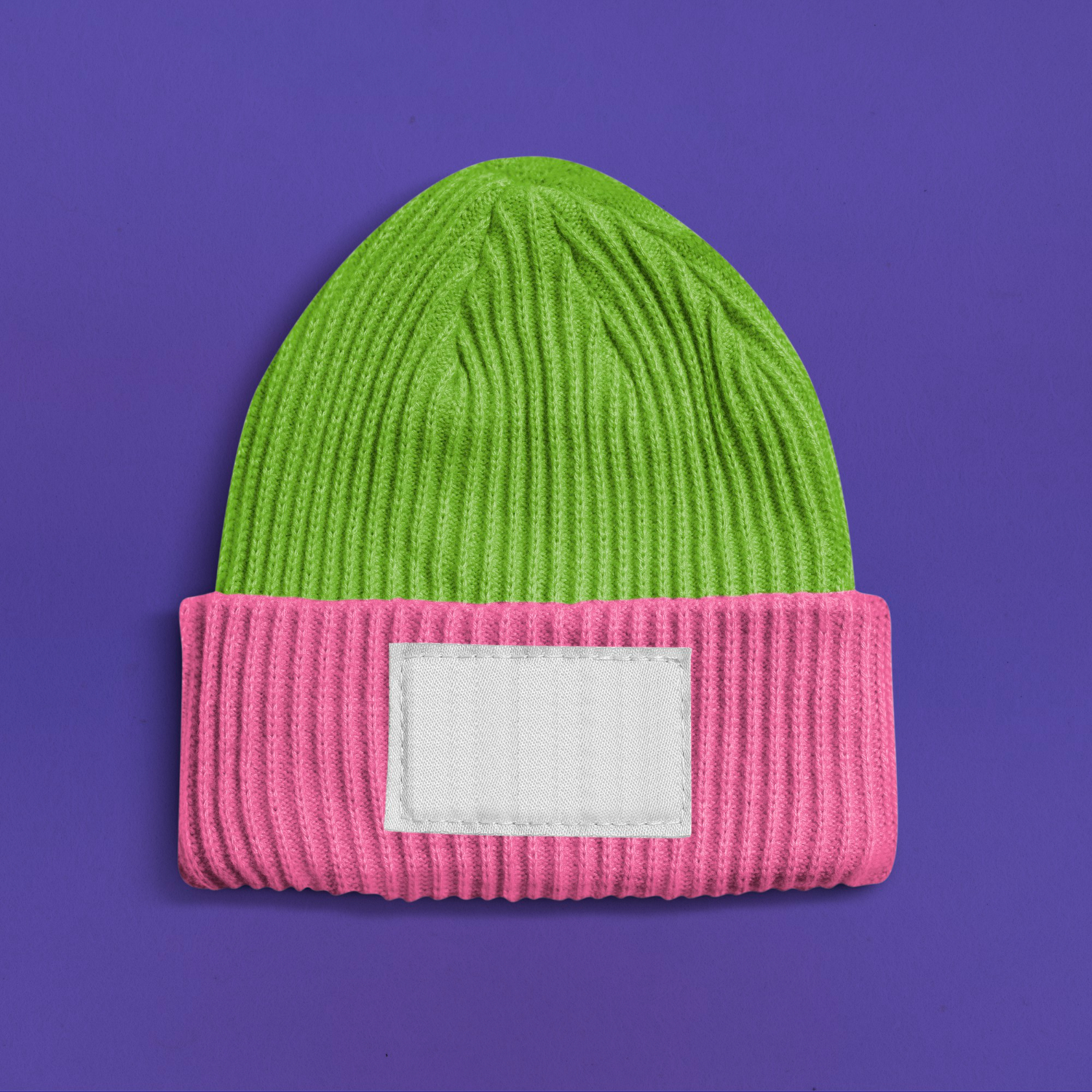 pink-green-beanie-with-blank-white-fabric-label-winter-accessories