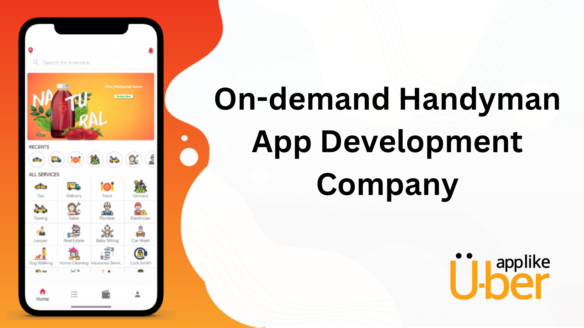A mobile phone which is showing different products and services also an On-demand handyman app development company is written as the title of this image